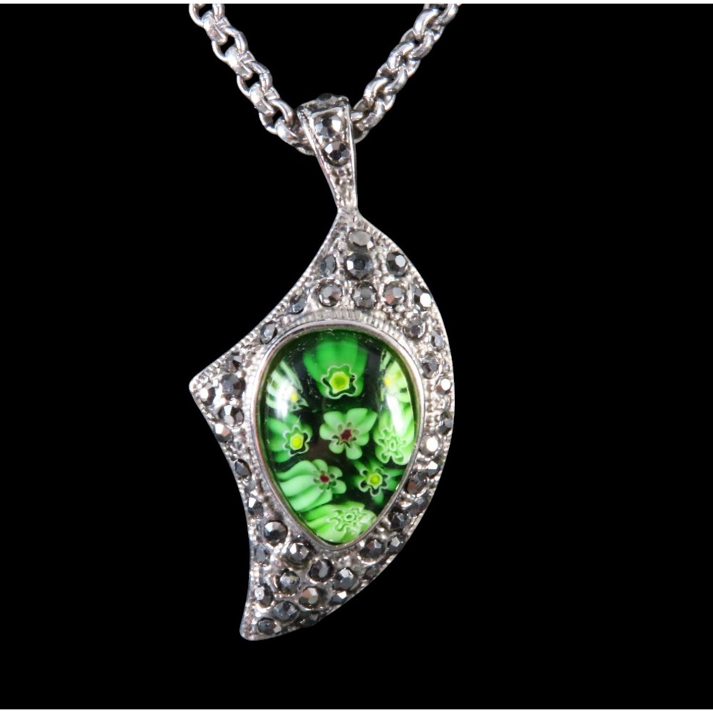 SILVER TONE 20" Chain Necklace GREEN MILLEFIORI GLASS PENDANT Faux Marcasite